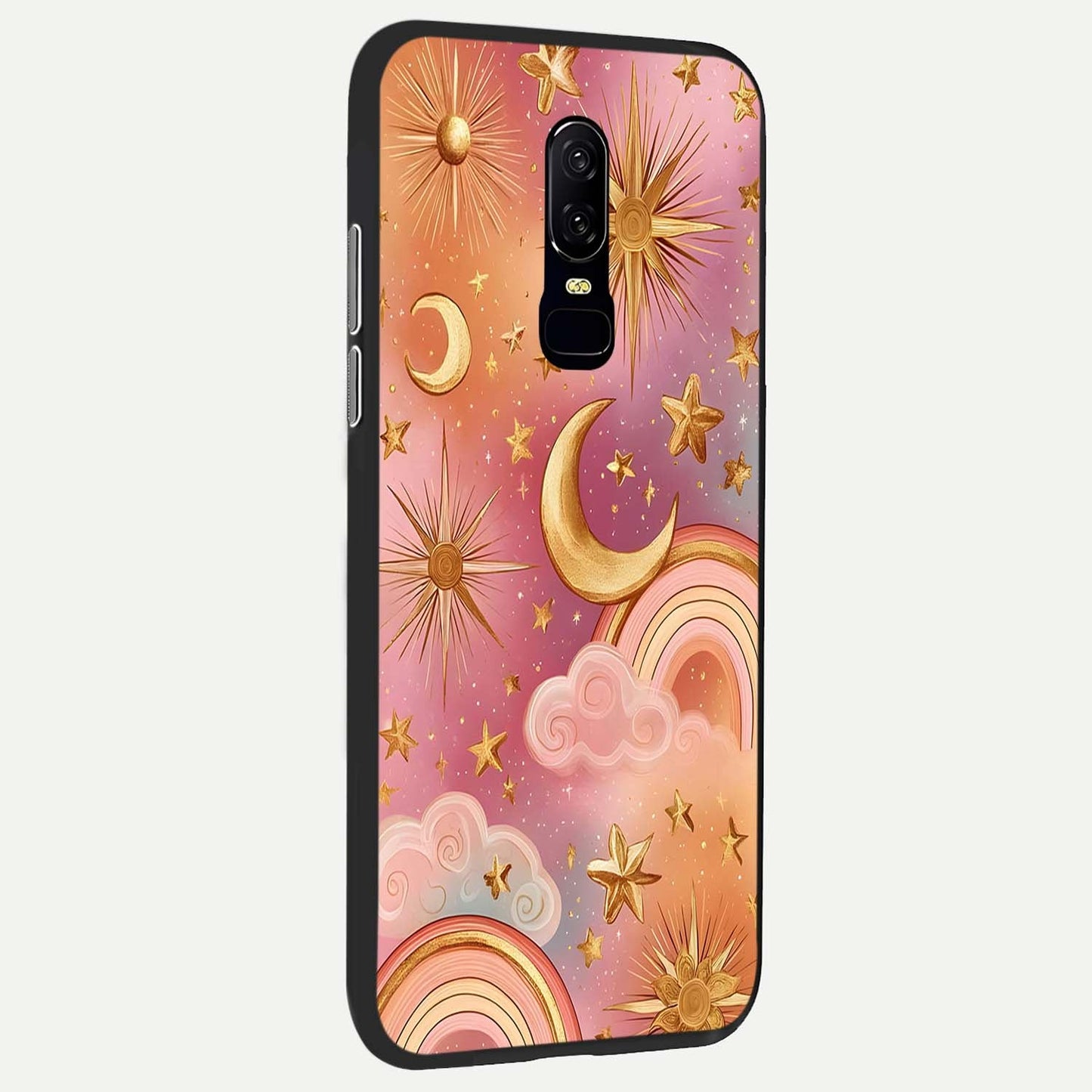 Golden Celestial Dreams Glass Case showing full back design in clean flat view with celestial gold artwork and glossy glass finish.