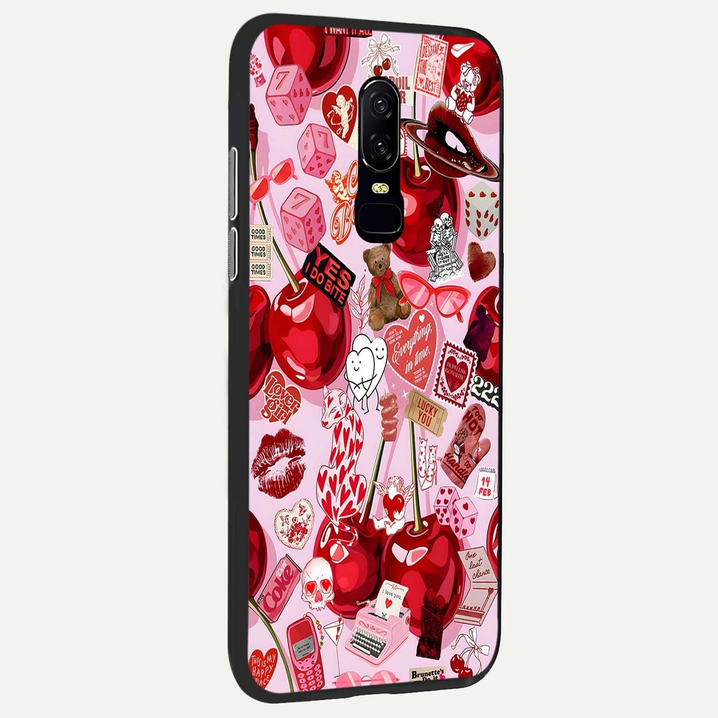 Sweet Cherry Chaos Glass Case showing full back design in clean flat view with playful cherry chaos artwork and glossy glass finish.