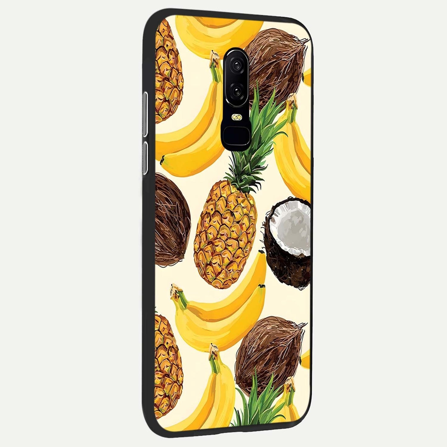 Tropical Fruit Mood Glass Case showing full back design in clean flat view with vibrant tropical fruit artwork and glossy glass finish.