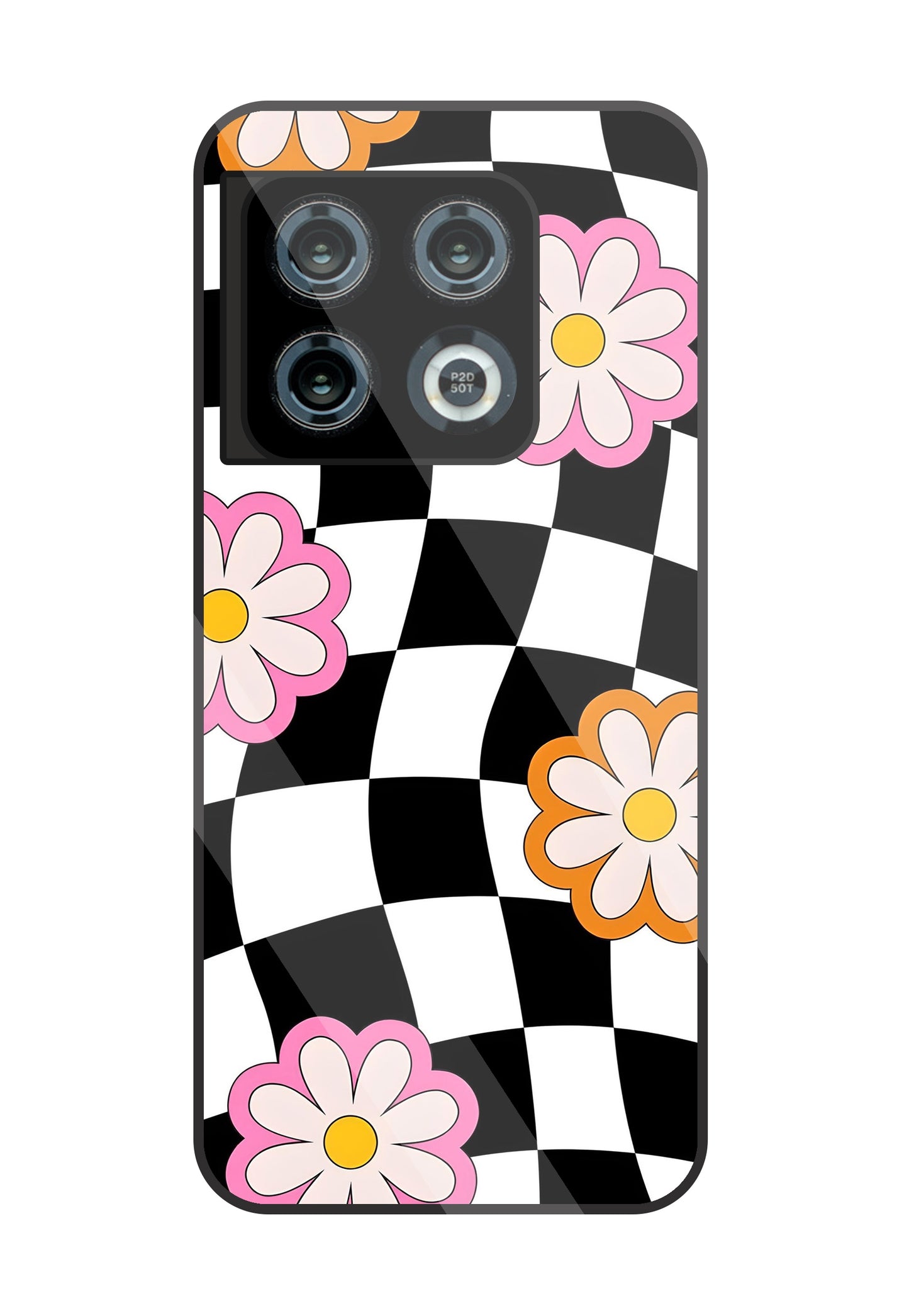 Check Pattern With Flowers Glass Case For OnePlus 10 Pro