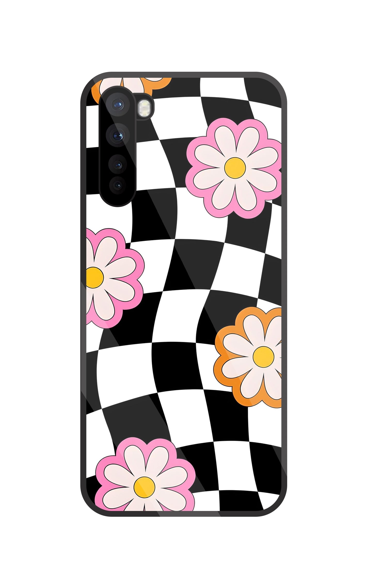 Check Pattern With Flowers Glass Case For OnePlus Nord