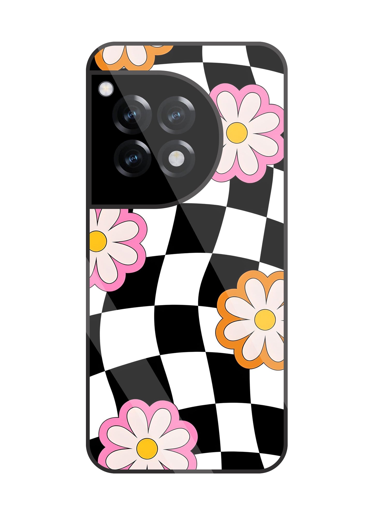 Check Pattern With Flowers Glass Case For OnePlus 12R