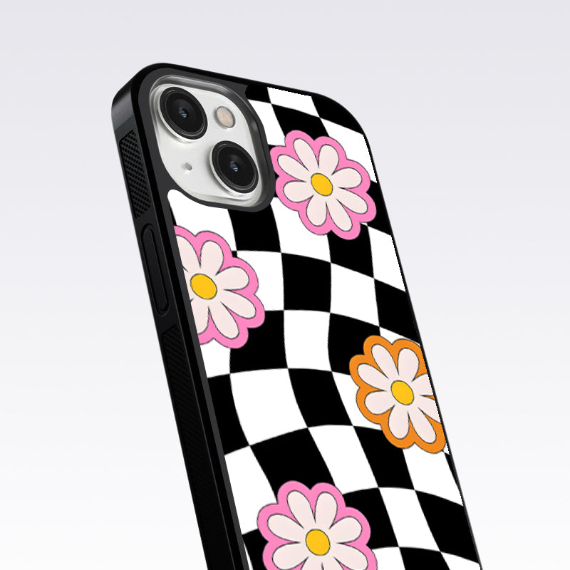 Check Pattern With Flowers Glass Case For OnePlus 9RT