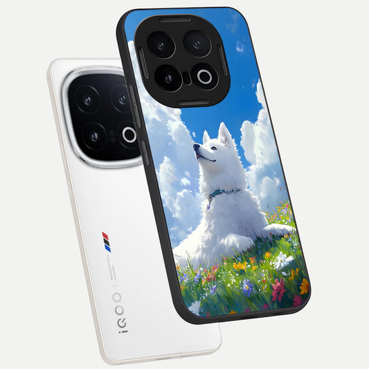 Blissful Cloud Pup phone case for iQOO 13 showing premium glass back cover with detailed artwork