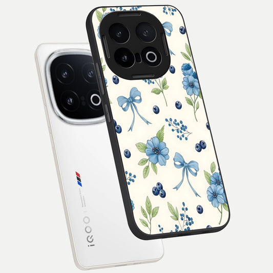 Blue Flower And Bow phone case for iQOO 13 showing premium glass back cover with detailed artwork