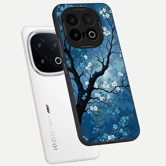 Blue Tree Serenity phone case for iQOO 13 showing premium glass back cover with detailed artwork