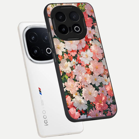 Blush Bloom Field phone case for iQOO 13 showing premium glass back cover with detailed artwork