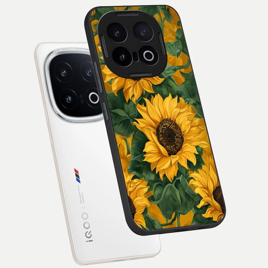 Bright Sunflower Bloom phone case for iQOO 13 showing premium glass back cover with detailed artwork