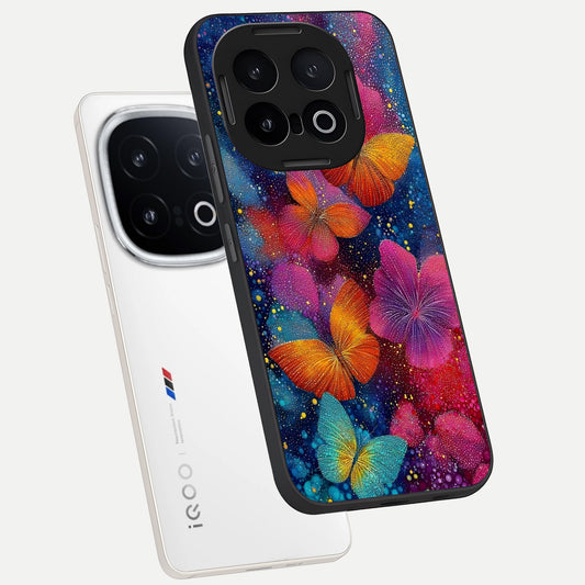 Butterfly Dream Mist phone case for iQOO 13 showing premium glass back cover with detailed artwork
