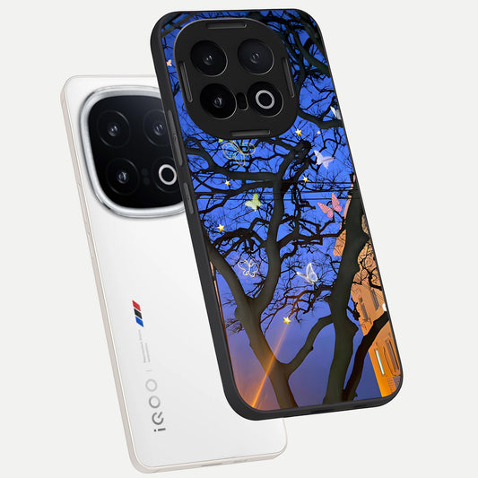 Butterfly Night Magic phone case for iQOO 13 showing premium glass back cover with detailed artwork