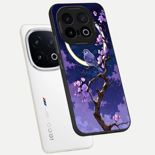 Celestial Bird Blossom phone case for iQOO 13 showing premium glass back cover with detailed artwork