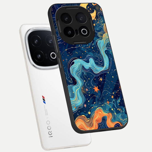 Celestial Dream Flow phone case for iQOO 13 showing premium glass back cover with detailed artwork