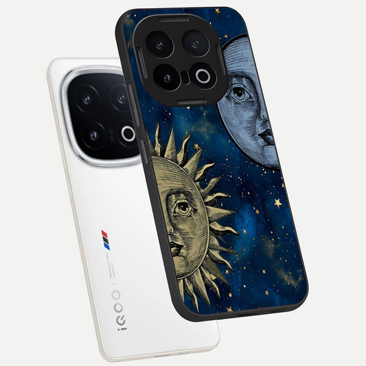 Celestial Moon With Sun phone case for iQOO 13 showing premium glass back cover with detailed artwork