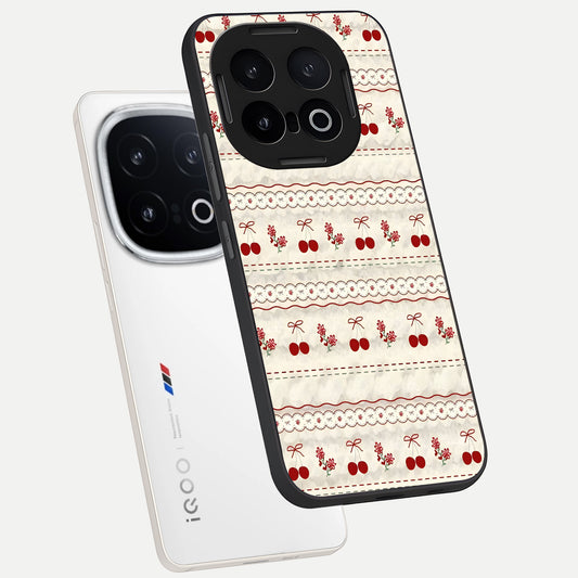 Cherry Bloom Charm phone case for iQOO 13 showing premium glass back cover with detailed artwork