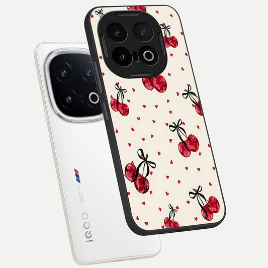 Cherry Heart Bow phone case for iQOO 13 showing premium glass back cover with detailed artwork