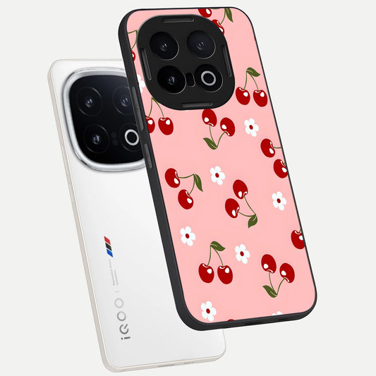 Cherry Love Mood phone case for iQOO 13 showing premium glass back cover with detailed artwork