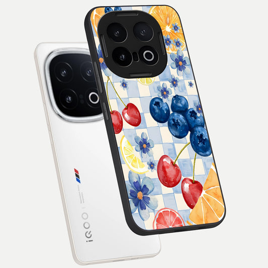Citrus Bloom Joy phone case for iQOO 13 showing premium glass back cover with detailed artwork