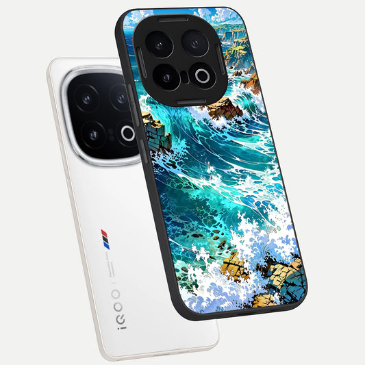 Coastal Blue Waves phone case for iQOO 13 showing premium glass back cover with detailed artwork
