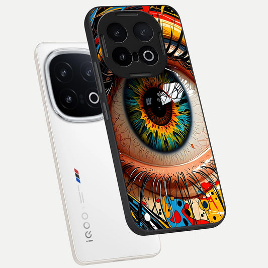 Colorful Eye phone case for iQOO 13 showing premium glass back cover with detailed artwork
