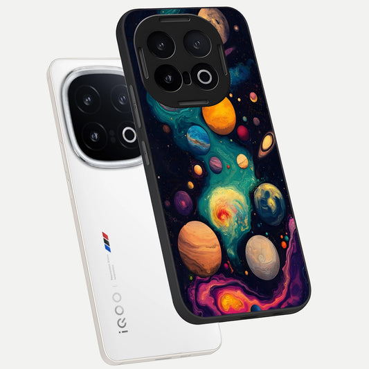 Cosmic Planet Journey phone case for iQOO 13 showing premium glass back cover with detailed artwork
