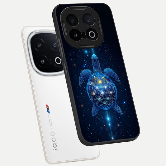 Crimson Blue Turtle phone case for iQOO 13 showing premium glass back cover with detailed artwork