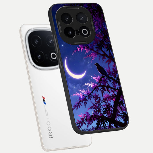 Crow And Moon Scenery phone case for iQOO 13 showing premium glass back cover with detailed artwork