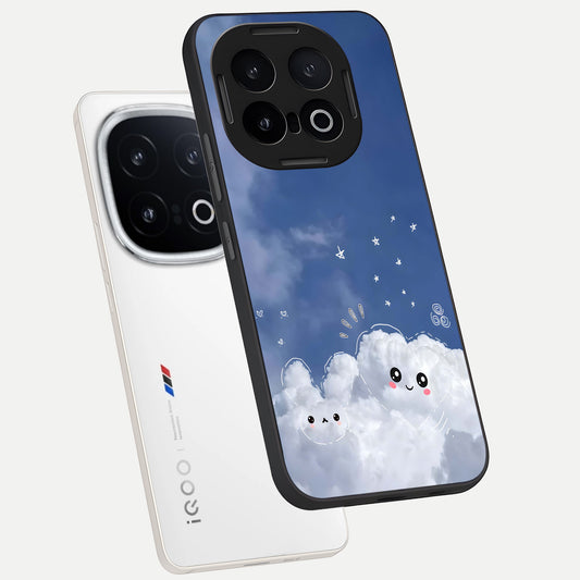 Cute Blossom Cloud phone case for iQOO 13 showing premium glass back cover with detailed artwork
