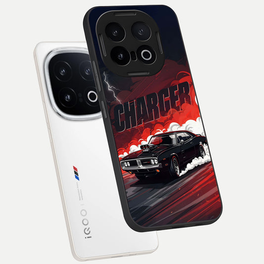 Dark Charger Fury phone case for iQOO 13 showing premium glass back cover with detailed artwork
