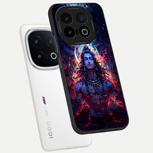 Divine Fire Shiv phone case for iQOO 13 showing premium glass back cover with detailed artwork