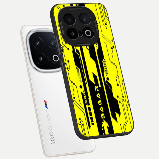 Electric Pulse CYBERPUNK Custom Name phone case for iQOO 13 showing premium glass back cover with detailed artwork