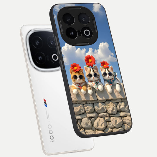 Floral Kitty Squad phone case for iQOO 13 showing premium glass back cover with detailed artwork