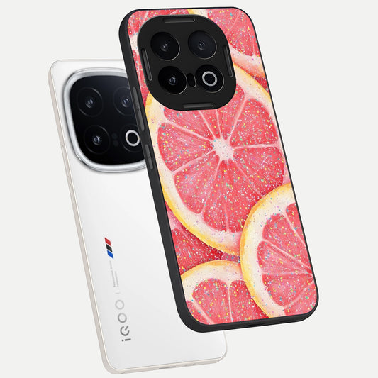 Glitter Grapefruit phone case for iQOO 13 showing premium glass back cover with detailed artwork