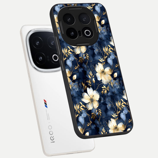 Golden Midnight Bloom phone case for iQOO 13 showing premium glass back cover with detailed artwork