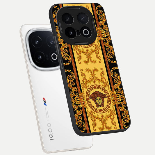 Golden Royal Heritage phone case for iQOO 13 showing premium glass back cover with detailed artwork