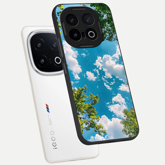 Green Moon Energy phone case for iQOO 13 showing premium glass back cover with detailed artwork