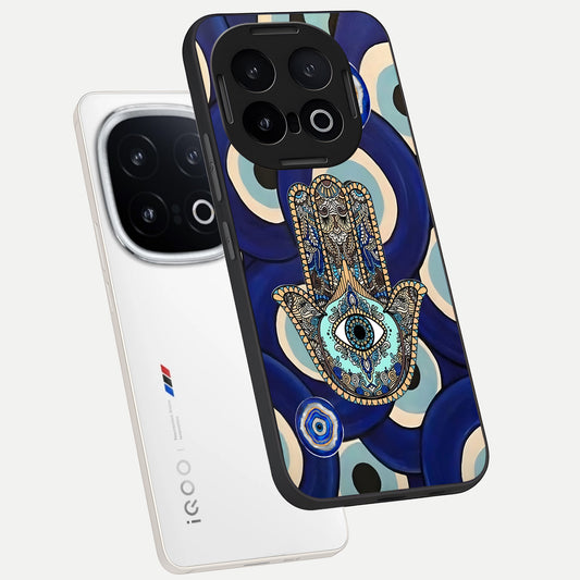 Hamsa Divine Guard phone case for iQOO 13 showing premium glass back cover with detailed artwork