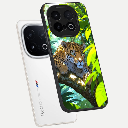 Leopard in Jungle phone case for iQOO 13 showing premium glass back cover with detailed artwork