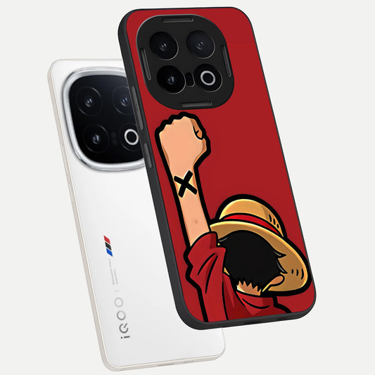 Luffy X Spirit phone case for iQOO 13 showing premium glass back cover with detailed artwork