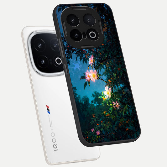 Midnight Bloom Glow phone case for iQOO 13 showing premium glass back cover with detailed artwork