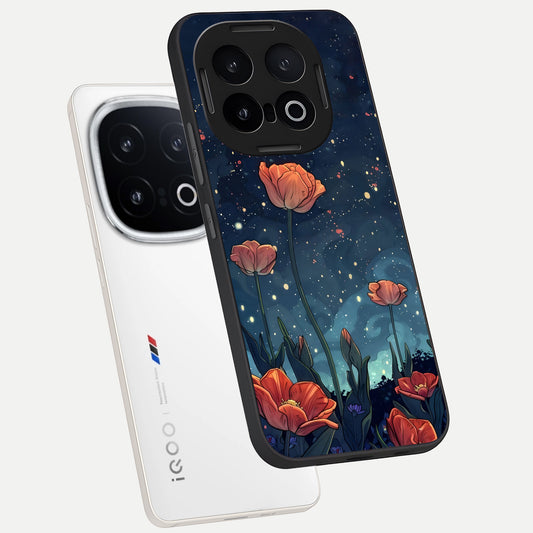 Midnight Tulip Glow phone case for iQOO 13 showing premium glass back cover with detailed artwork