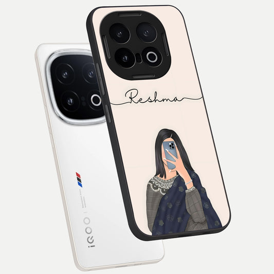 Mirror Mood Muse With Custom Name phone case for iQOO 13 showing premium glass back cover with detailed artwork
