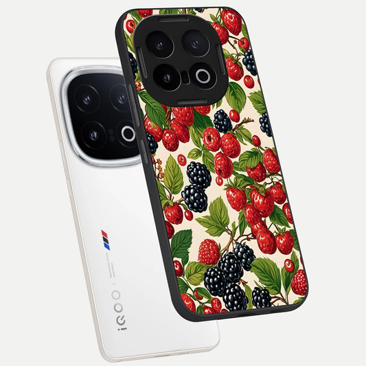 Mixed Berry Collage phone case for iQOO 13 showing premium glass back cover with detailed artwork