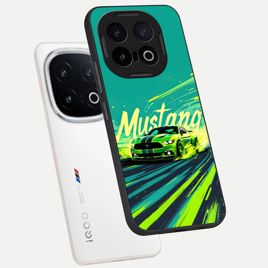 Mustang Bang phone case for iQOO 13 showing premium glass back cover with detailed artwork