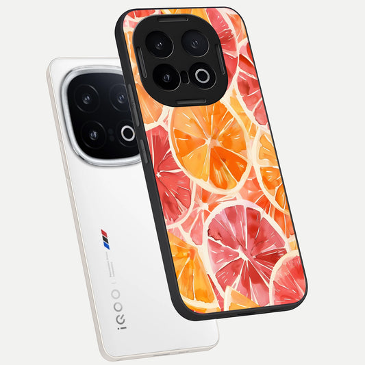 Orange Fruits Pattern phone case for iQOO 13 showing premium glass back cover with detailed artwork