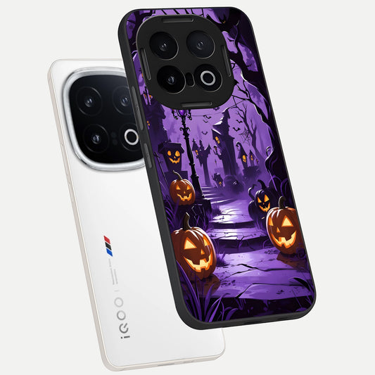 Pumpkin Patch Halloween phone case for iQOO 13 showing premium glass back cover with detailed artwork