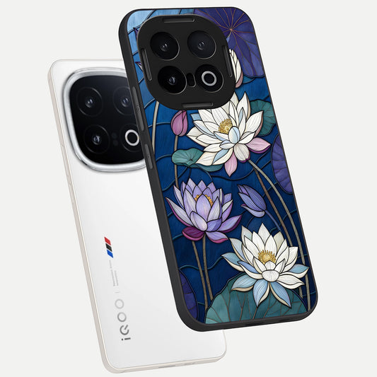 Purple Lotus Stained phone case for iQOO 13 showing premium glass back cover with detailed artwork