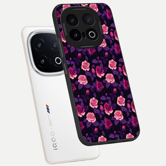 Rose Garden Twilight phone case for iQOO 13 showing premium glass back cover with detailed artwork