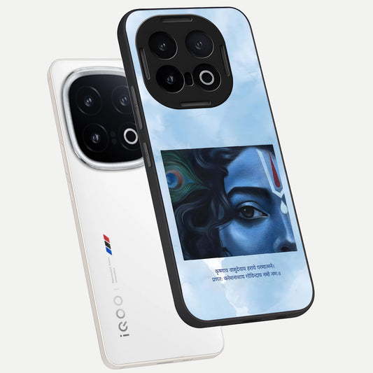 Spiritual Krishna phone case for iQOO 13 showing premium glass back cover with detailed artwork
