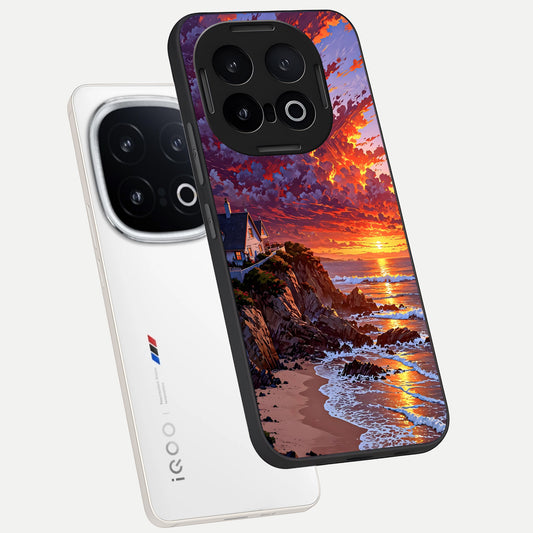 Sunset House By Sea phone case for iQOO 13 showing premium glass back cover with detailed artwork