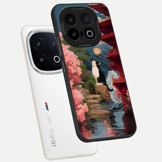 Temple Cat Scenery phone case for iQOO 13 showing premium glass back cover with detailed artwork